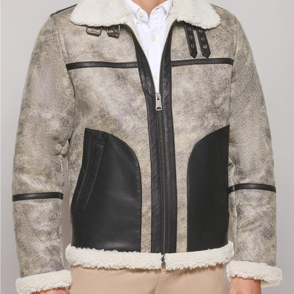 Tommy Hilfiger Two-Tone Grey & Black Shearling & Leather Bomber Jacket (Sz: Sm)